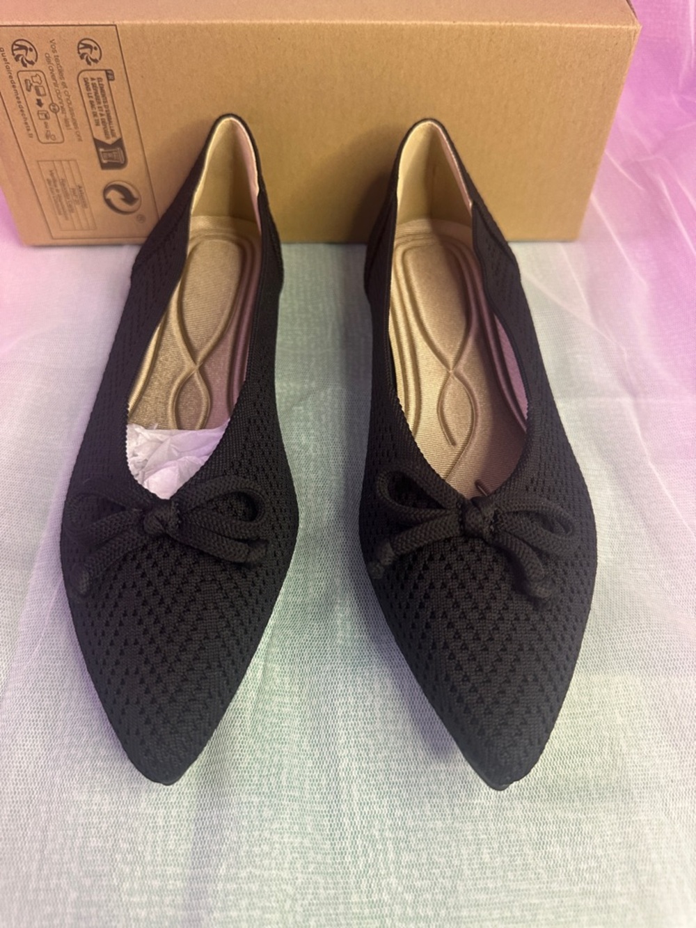 Pointed Knit Ballet Flats with Bow - Black